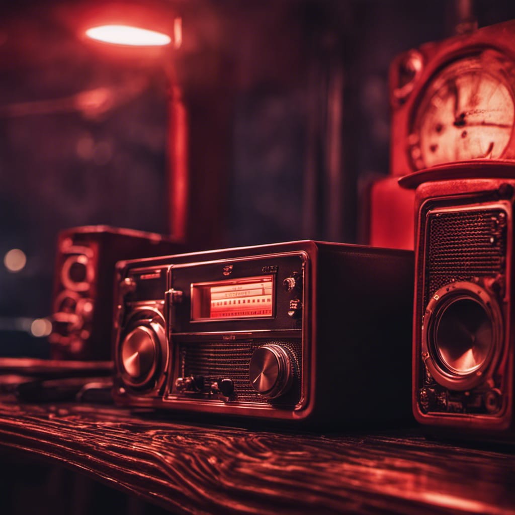 Dark radio on a dark wooden table, with speakers either side, in a dark room lit by a red light
